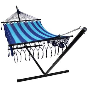 12 ft. Free Standing Handwoven Cotton 2-Person American Mayan Hammock Bed with Stand in Blue