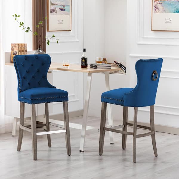 Harper 29 in. Royal Blue Velvet Tufted Wingback Kitchen Counter Bar Stool w/ Solid Wood Frame, Antique Gray (Set of 2)