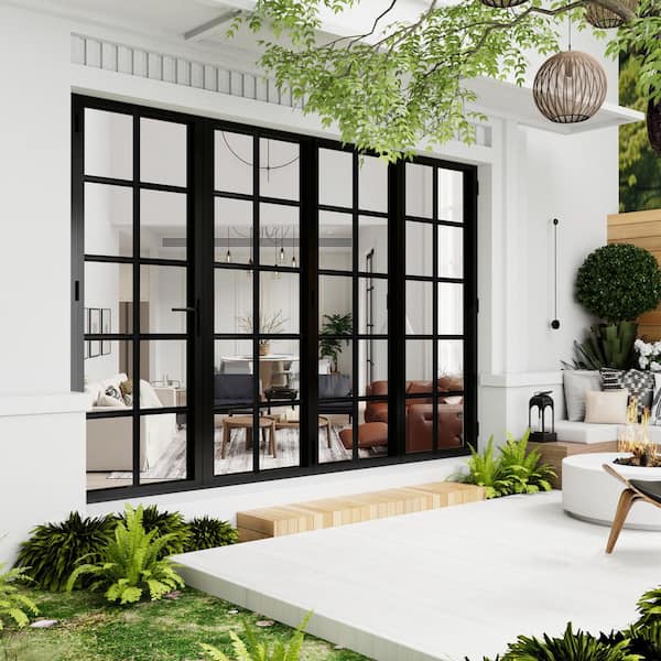 120 in. x 80 in. Left Swing/Outswing Double Tempered Glass Black Aluminum Folding Patio Door