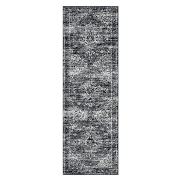 Vintage Printed Rug Distressed Floral Carpet Soft Non-slip Thin Carpet for Living Room Farmhouse Dark Gray，2X6ft