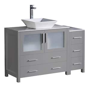 Torino 48 in. Bath Vanity in Gray with Glass Stone Vanity Top in White with White Vessel Sink and Side Cabinet