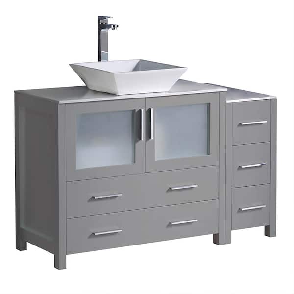 Fresca Torino 48 in. Bath Vanity in Gray with Glass Stone Vanity Top in White with White Vessel Sink and Side Cabinet