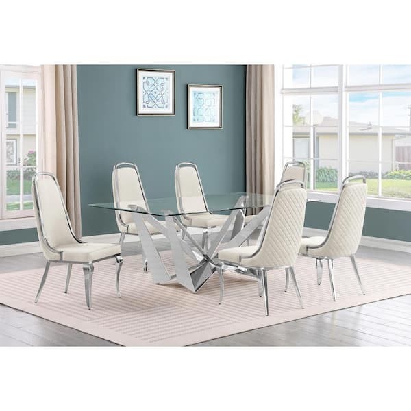 Best Quality Furniture Rae 7-Piece Rectangular Glass Top Stainless Steel Base Dining Set With 6 Cream Velvet Chrome Iron Legs Chairs