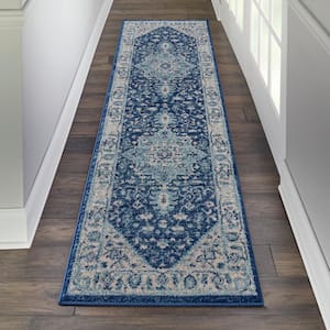 Tranquil Ivory/Navy 2 ft. x 7 ft. Persian Vintage Kitchen Runner Area Rug