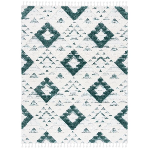 Moroccan Tassel Shag Green/Ivory 11 ft. x 15 ft. High-Low Geometric Fringe Area Rug