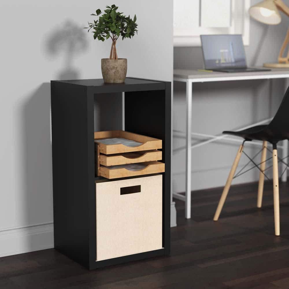 Tan Fabric Cube Storage Bin with Dual Handles