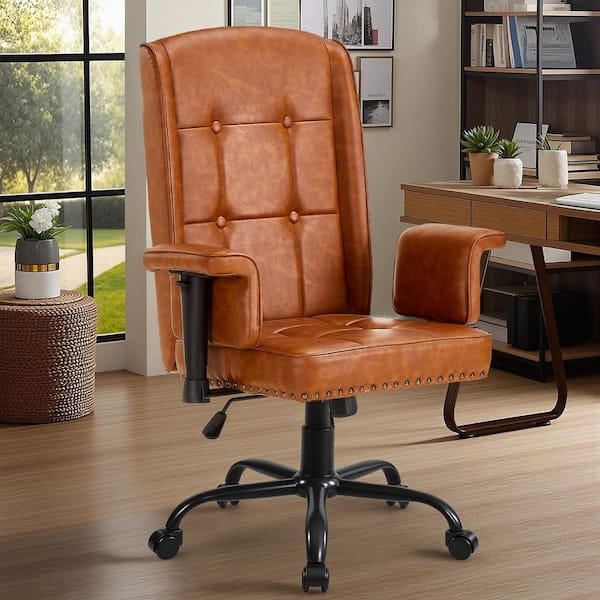 High Back PU Leather Office Chair with Adjustable Armrests and Tilt - Ergonomic Swivel Desk Chair, Brown Style 3