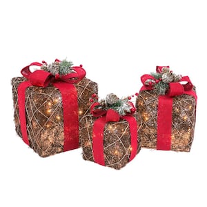 15 in. Assorted Electric Lighted Natural Vine Gift Boxes with Burlap Ribbons (Set of 3)