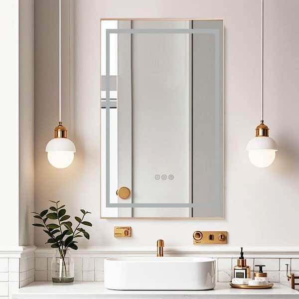 20 in. W x 32 in. H Rectangular Aluminum Framed Backlit and Front Light LED Wall Bathroom Vanity Mirror in Brushed Gold
