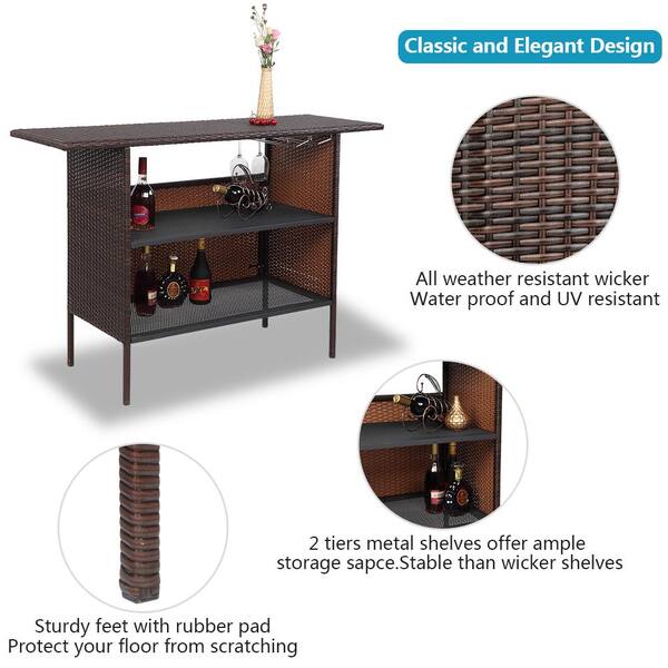 Outdoor cheapest Wicker Bar Table,2 Storage Shelves, Brown, Hot Patio Furniture