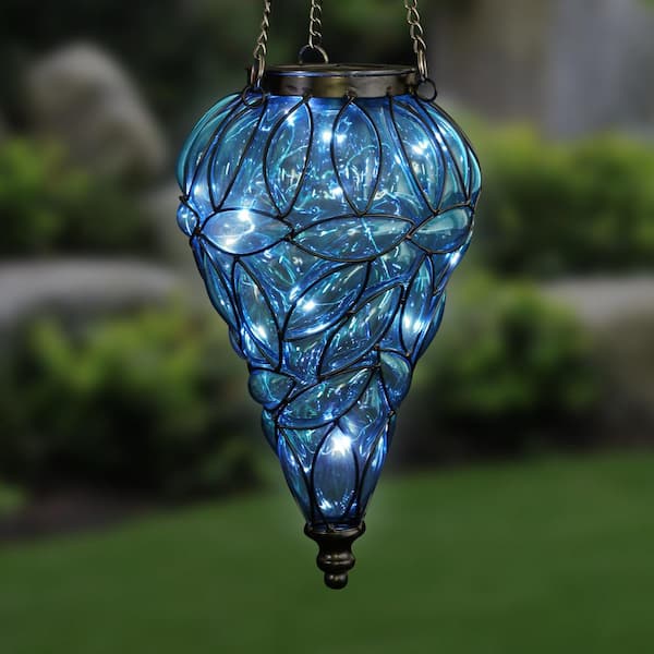 Glass Tear-Shaped Hanging Lantern Exhart Lavender Solar Lantern Teardrop Glass Ceiling Lantern Hangs in a Metal Cage w/ 12 Blue LED Firefly Solar Lights 7 L x 7 W x 24 H 