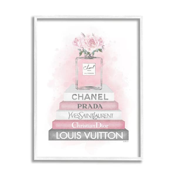 "Pink Roses Perfume Bottle Glam Fashion Bookstack" by Amanda Greenwood Framed Nature Wall Art Print 24 in. x 30 in.