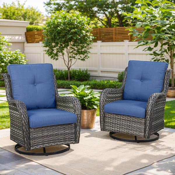 4-Piece Gray Wicker Patio Conversation Set with Olefin Blue Cushions and Swivel Glider Chairs/Sofa