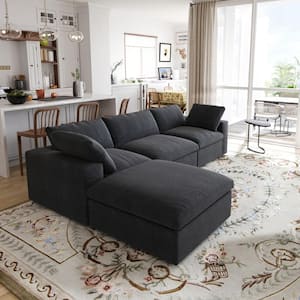 120.3 in. Square Arm Linen L Shaped Free Combination Modular 3-Seater Sectional Sofa with Ottoman in Black