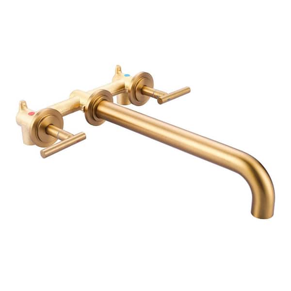 VEVETTA 2-Handle Wall Mount Roman Tub Faucet with 12 in. Long Spout Reach in. Brushed Gold (Valve Included)