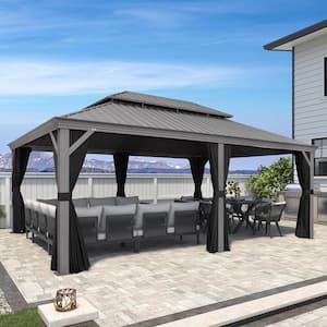 14 ft. x 20 ft. Light Gray Patio Outdoor Gazebo for Backyard Hardtop Galvanized Steel Frame with Upgrade Curtain