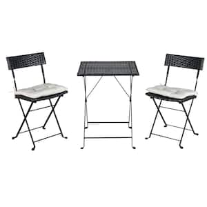 Pro Black 3-Piece PE Wicker Folding Outdoor Bistro Set 1 Table with 2 Chairs and 2 Beige Cushion