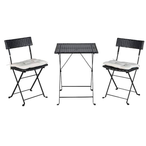 Miscool Pro Black 3-Piece PE Wicker Folding Outdoor Bistro Set 1 Table with 2 Chairs and 2 Beige Cushion