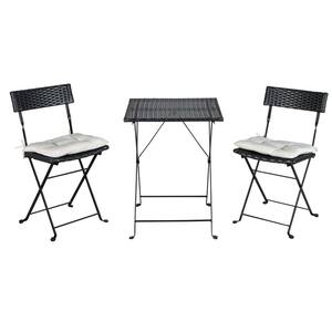 Black 3-Piece PE Wicker Folding Outdoor Bistro Set 1 Table with 2 Chairs and 2 Beige Cushion