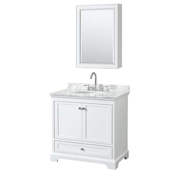 Wyndham Collection Deborah 36 in. Single Vanity in White with Marble Vanity Top in White Carrara with White Basin and Medicine Cabinet