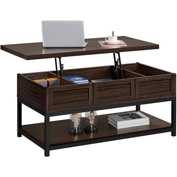 ULSMVOC SMT 41.2 in. Espresso Rectangle Wooden Lifting Top Coffee Table with Hidden Compartment and Bottom Open Shelf