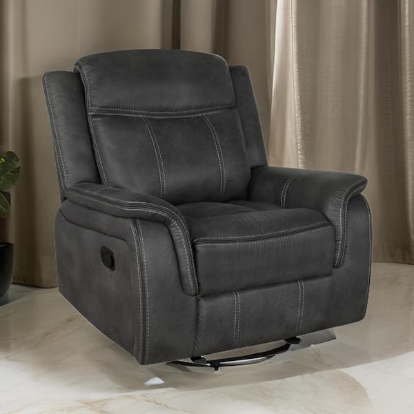 Benjara Charcoal Gray Piped Details Manual Glider Recliner