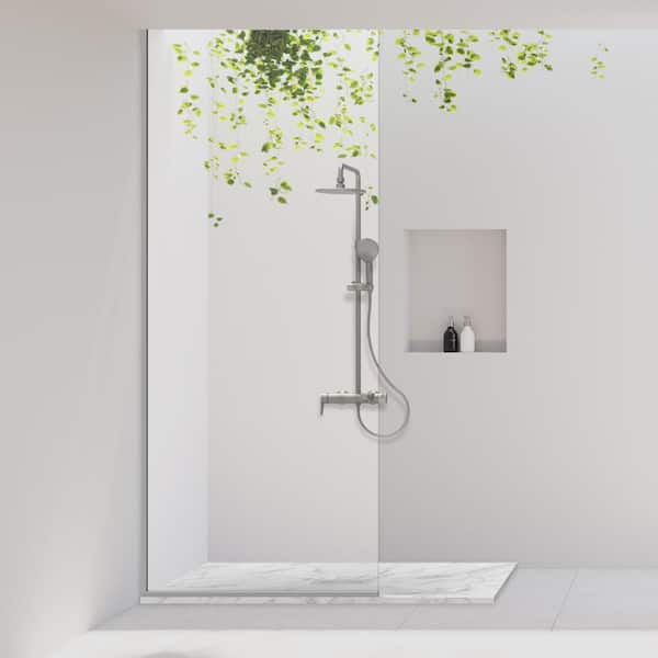 60 in. L x 36 in. W x 1.125 in. H Alcove Solid Composite Stone Shower Pan Base with Center Drain in Carrara Sand