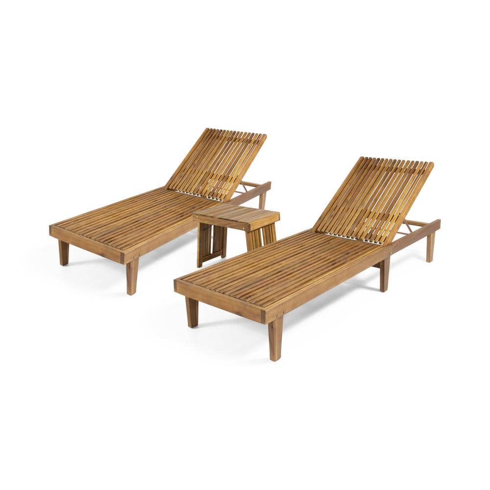 Teak Brown Acacia Wood 3-Piece Outdoor Chaise Lounge Set