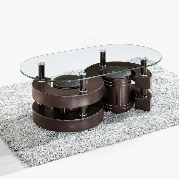 J&E Home 49.2 in. Oval Tempered Glass Coffee Table with 2 Leather Stools in Brown