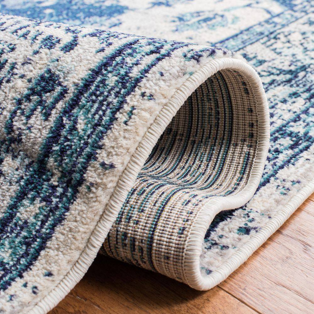 Ivory and Blue Distressed Boho Chic 8' x 10' Area Rug