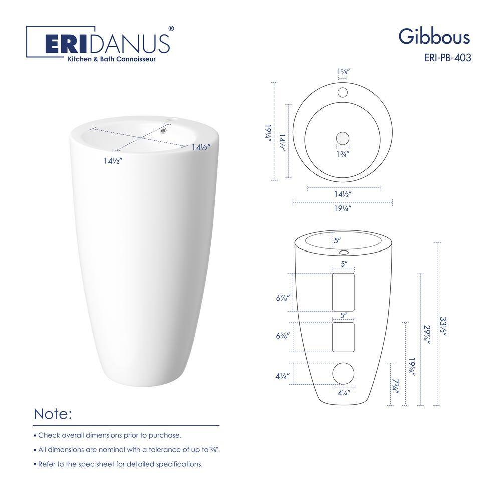 Glossy White Ceramic Round Pedestal Bathroom Sink with Overflow