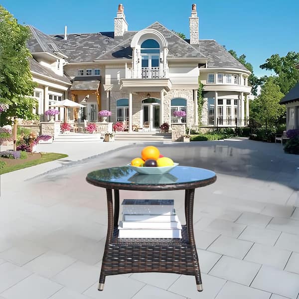 Wicker Outdoor Patio Round Coffee Tables with Clear Tempered Glass are Ideal for Balconies, Gardens, and Backyards