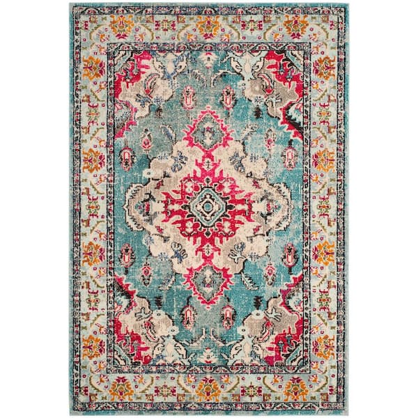 SAFAVIEH Monaco Light Blue/Fuchsia 5 ft. x 8 ft. Distressed Border Medallion Area Rug