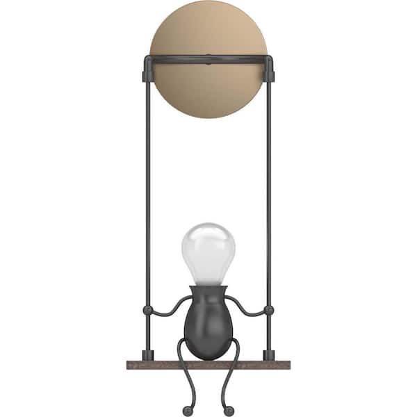 1-Light Bulb Person on a Swing Black & Walnut Wall Sconce