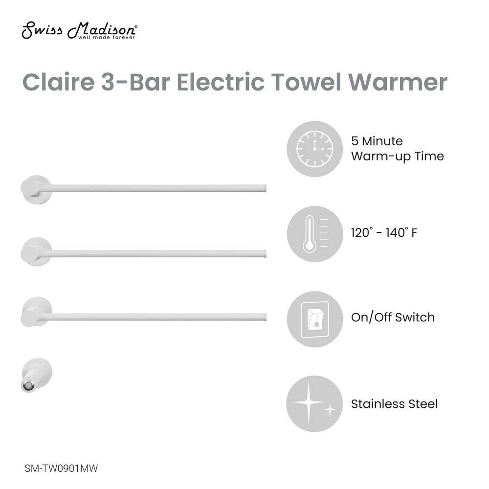 Matte White 3-Bar Wall Mounted Electric Towel Warmer