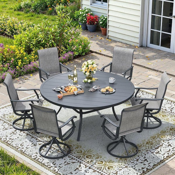 7-Piece Metal Patio Dining Set with Grey Round Dining Table and 6 Grey Textilene Swivel Dining Chairs