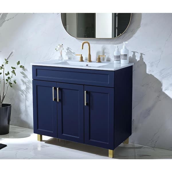 36 in. W x 18 in. D x 33 in. H Single Bath Vanity in Blue with White Ceramic Sink Top