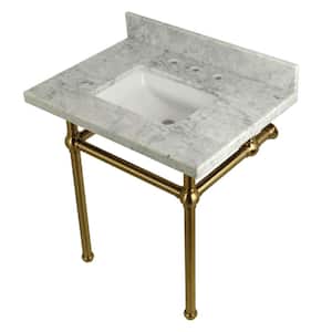 Square-Sink Washstand 30 in. Console Table in Carrara with Metal Legs in Brushed Brass