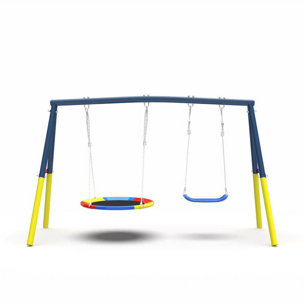 440 lbs. Swing Set with Heavy-Duty A-Frame Metal Outdoor Swing Stand, 1 Saucer Swing Seat and 1 Belt Swings Seat