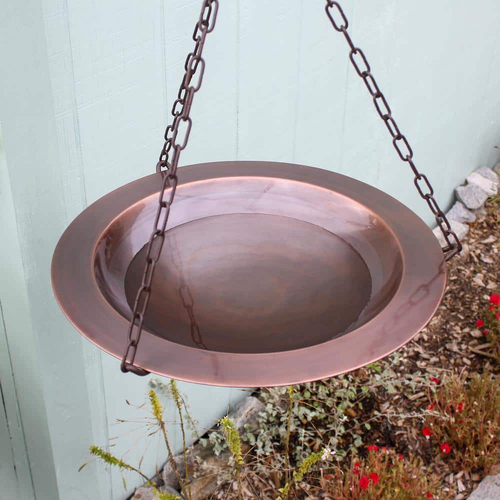 18" Antique Copper Hanging Birdbath with Wrought Iron Hanger