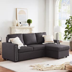 83 in. Square Arm 3-Pieces Linen L-Shape Reversible Sectional Sofa Storage Chaise in Dark Gray Pull Out Sleeper Sofa