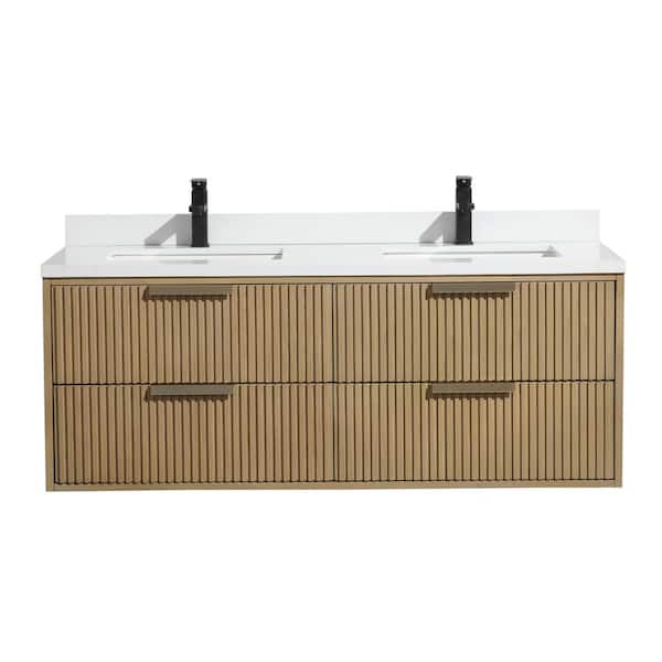 San Diego 55 in. W x 21 in. D x 21.75 in. H Double Sink Floating Bath Vanity in Oak with White Engineered Quartz Top