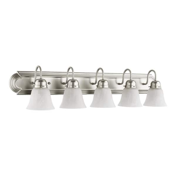 Quorum INTERNATIONAL 36 in. 5-Light Satin Nickel Vanity Light with Faux Alabaster Glass