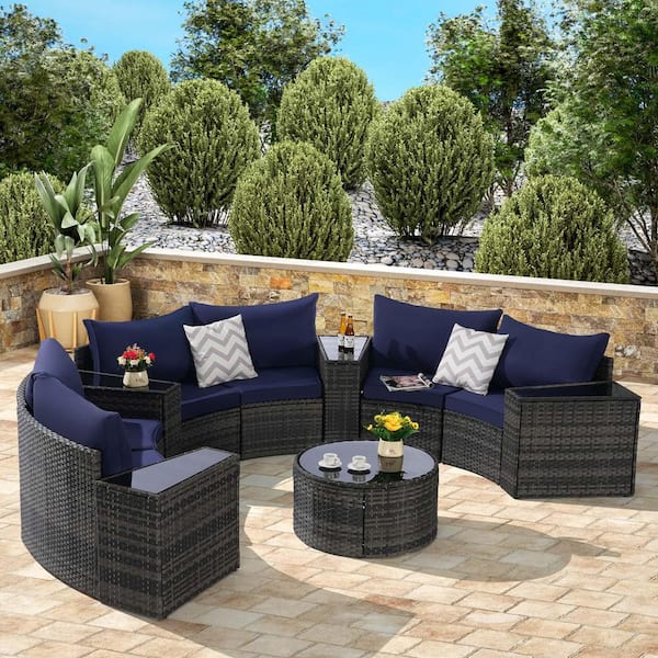 SereneVita Wicker Outdoor Sectional Set with Dark Blue Cushions, 11-Piece Half-Moon Curved Sectional Sofa Set for Poolside Backyard