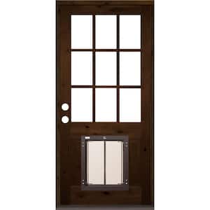 36 in. x 80 in. Right-Hand 9-Lite Clear Glass Provincial Stained Wood Prehung Door with Large Dog Door