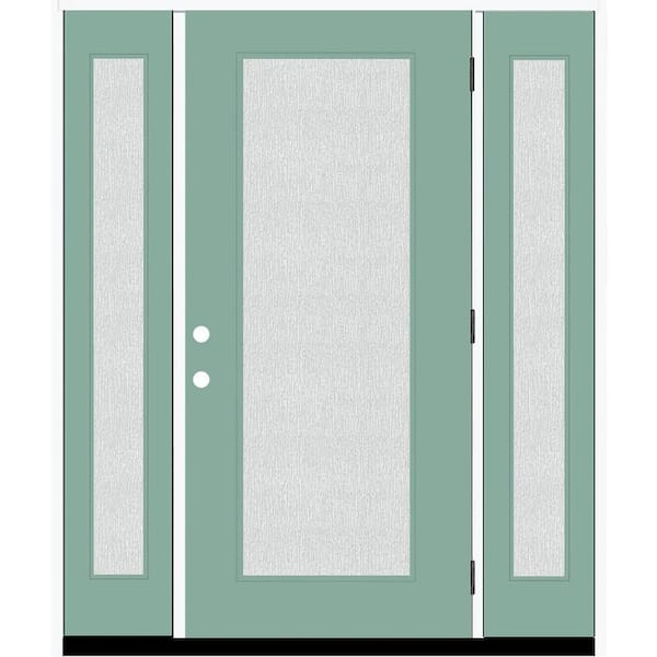 Legacy 68 in. x 80 in. Full Lite Rain Glass LHOS Primed Quarry Finish Fiberglass Prehung Front Door with Dbl 14 in. SL
