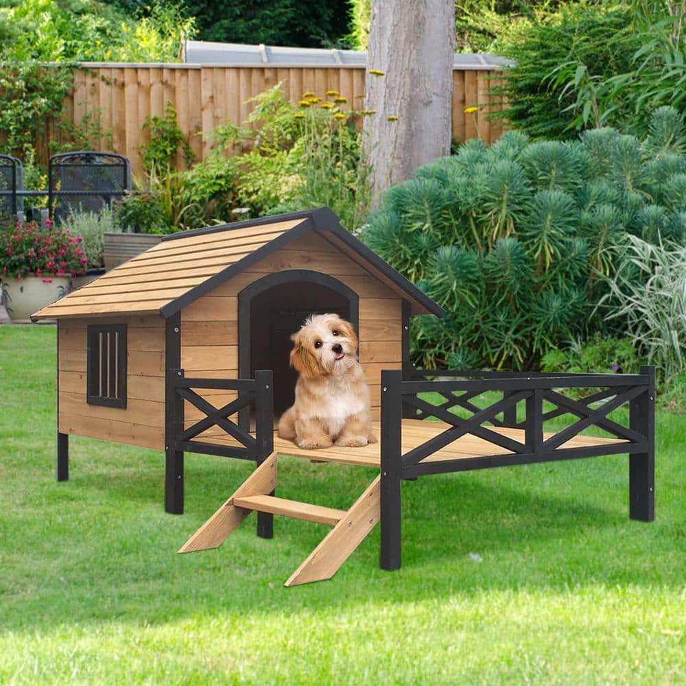 Large Yellow Brown Wooden Cabin Dog House with Porch