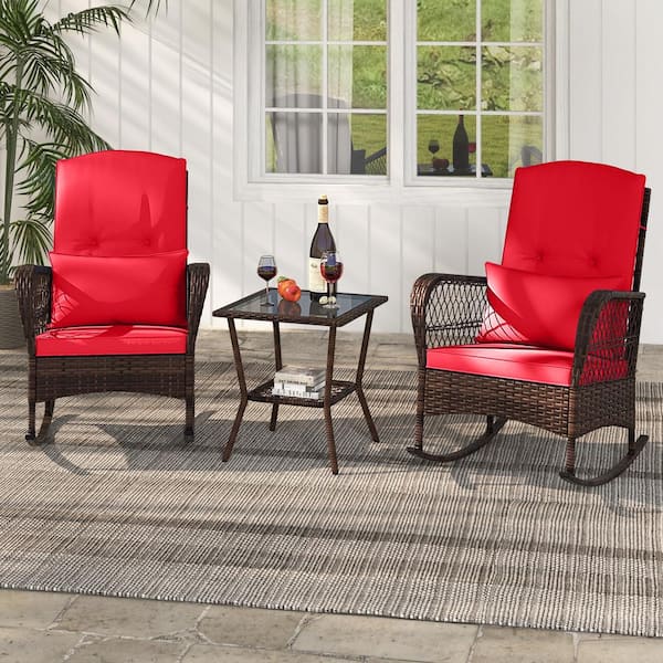 ANGELES HOME 3-Pieces Wicker Patio Conversation Set Rocking Bistro Set with 2-Tier Coffee Table, Red Cushions