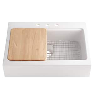 Josephine 34 in. Quick-Fit Farmhouse Apron Front Drop-in Single Bowl Crisp White Fireclay Workstation Kitchen Sink