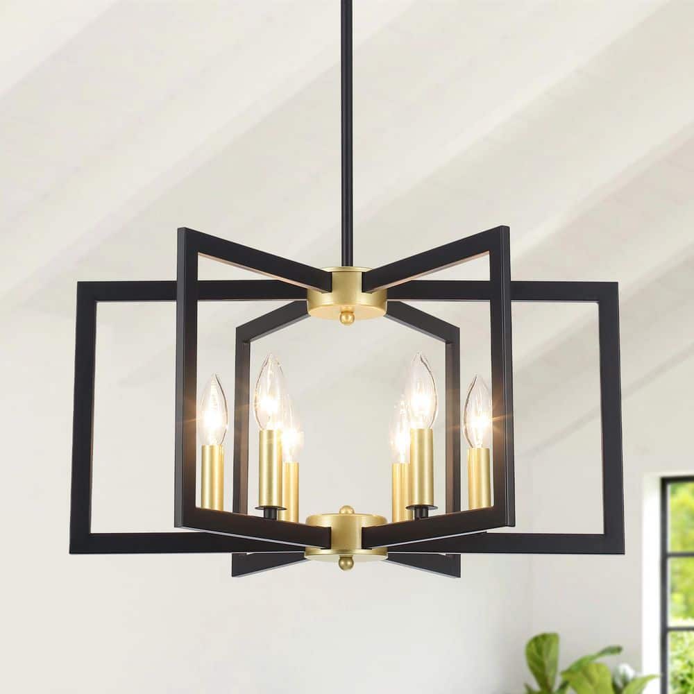 21.26 in. 6-Light Farmhouse Black/Gold Candle-Style Geometric Square / Rectangle Chandelier for Living Room, Foyer price history on PriceWatchPro